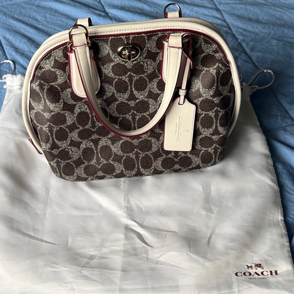 Coach Brown Signature Canvas Satchel with Cream Trim and Pink Piping